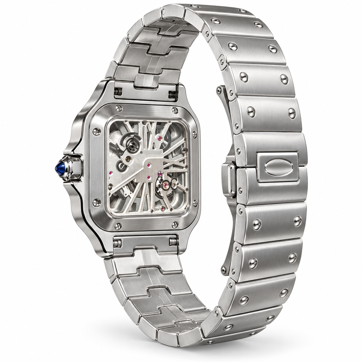 41mm Skeleton Santos White Stainless Steel