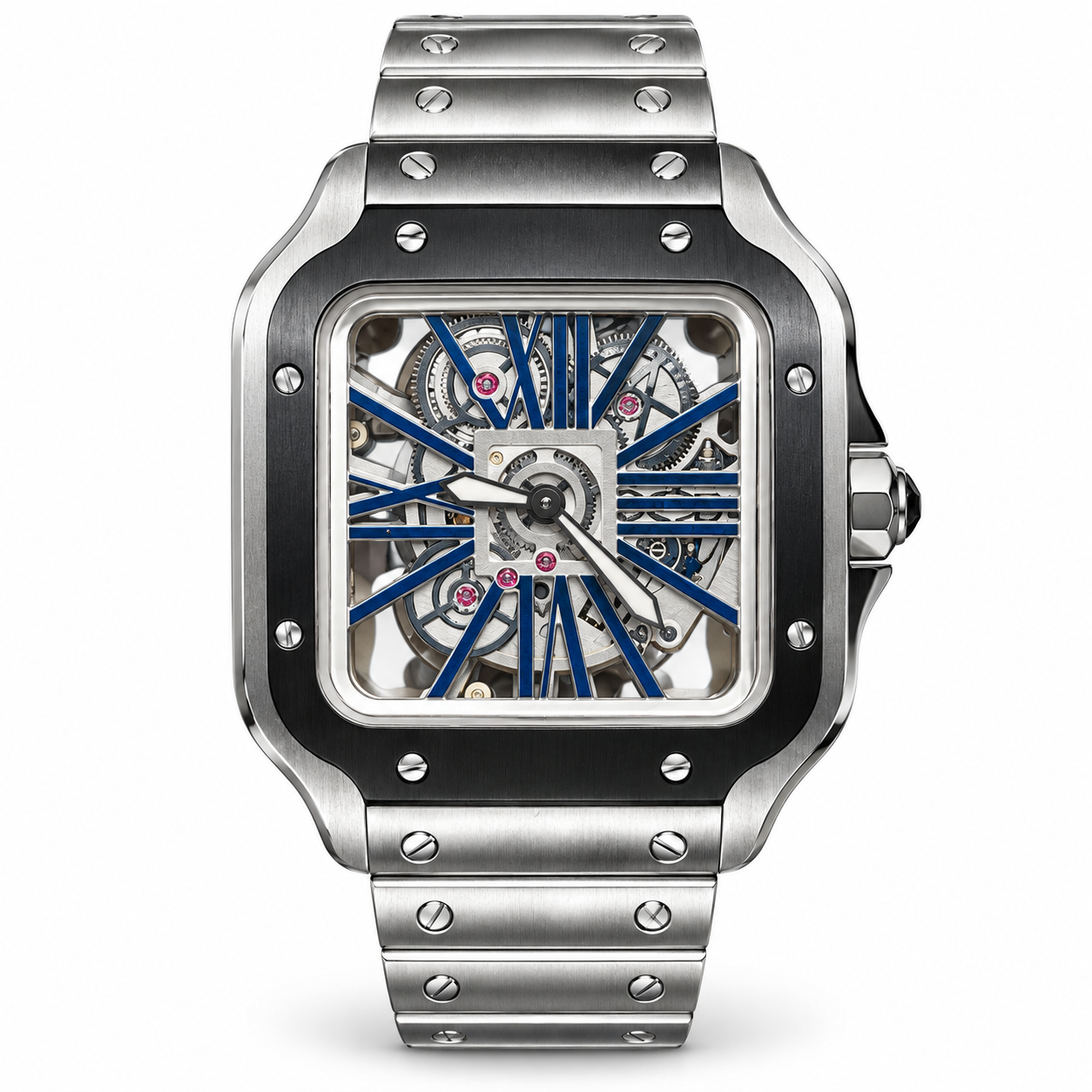 41mm Skeleton Santos White Stainless Steel